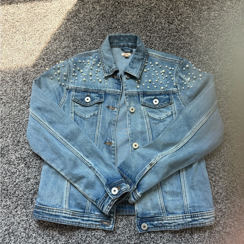 Reba Light Blue Pearl Studded Jean Jacket